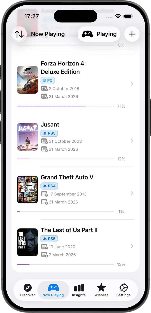 Video Game Tracker screen showing now playing games.