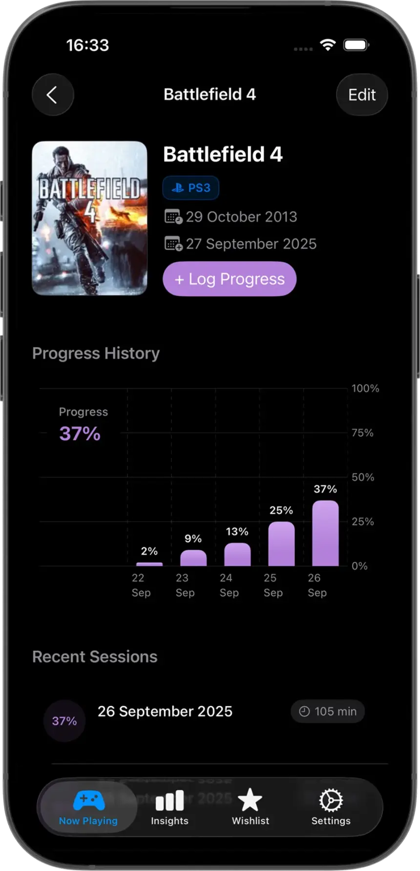 Game progress timeline in Video Game Tracker.
