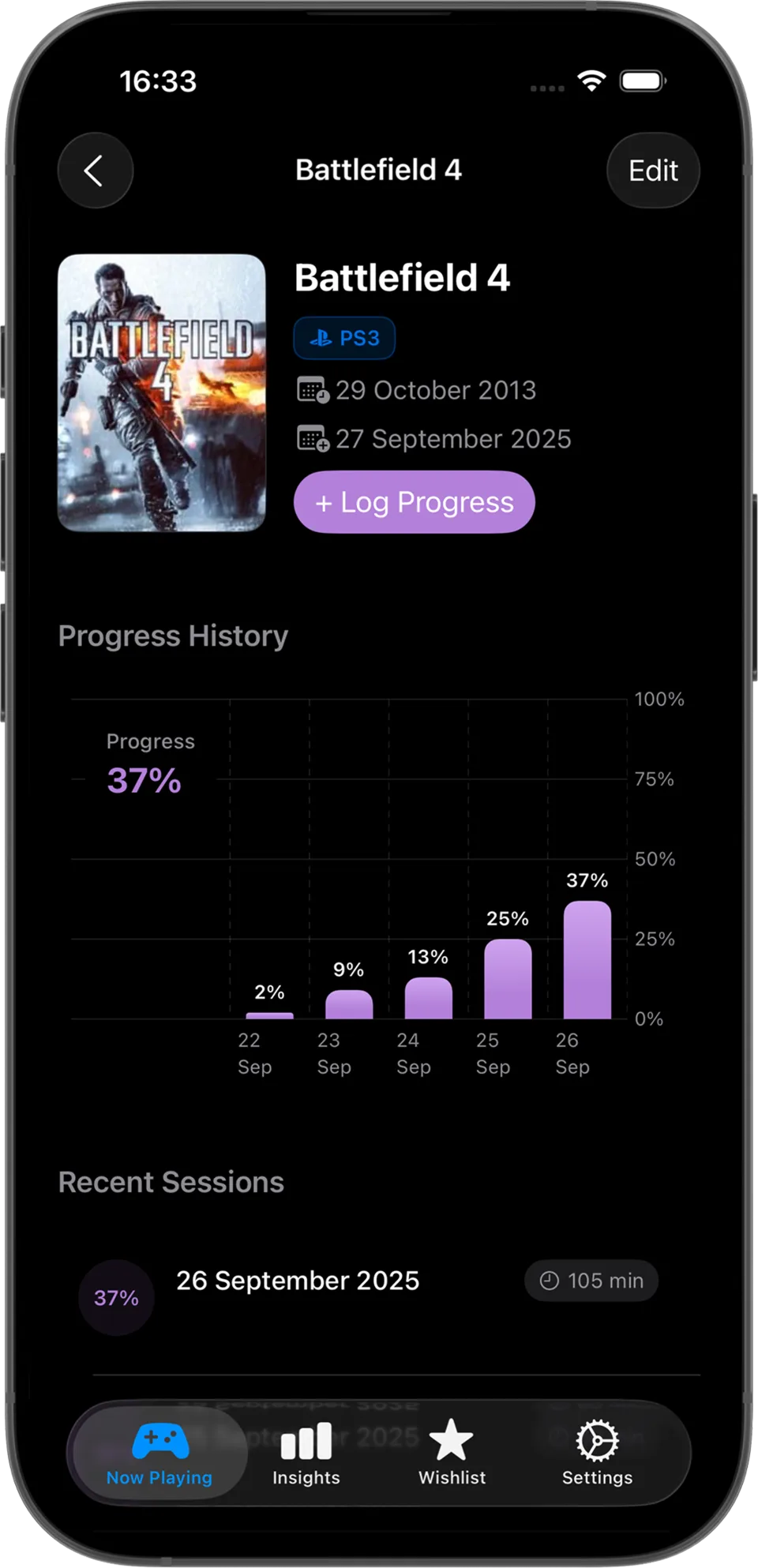 Video Game Tracker progress chart screen.